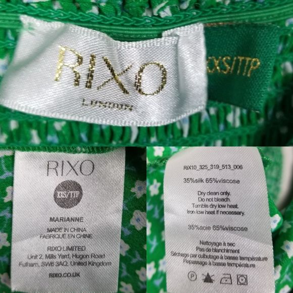 Rixo Marianne Green Micro Floral Smocked Prarie Silk Blend Midi Dress Size XXS - Picture 13 of 14